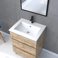 Ensemble sous vasque à poser effet chêne industriel 3 tiroirs + vasque blanche + 1 miroir, l.60 cm, Galedo Timber