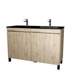 Ensemble sous vasque à poser effet chêne naturel 4 portes + vasque double noire, l.120 cm, Galedo Timber