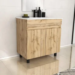 Ensemble sous vasque à poser effet chêne industriel 2 portes + vasque blanche, l.80 cm, Galedo Timber