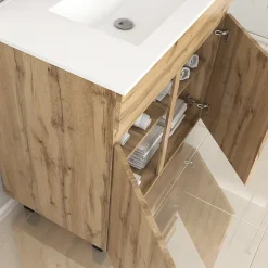 Ensemble sous vasque à poser effet chêne industriel 2 portes + vasque blanche, l.80 cm, Galedo Timber