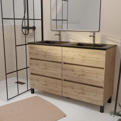 Ensemble sous vasque à poser effet chêne naturel 6 tiroirs + vasque double noire, l.120 cm, Galedo Timber