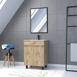 Ensemble sous vasque à poser effet chêne industriel 2 portes + vasque blanche + 1 miroir, l.60 cm, Galedo Timber