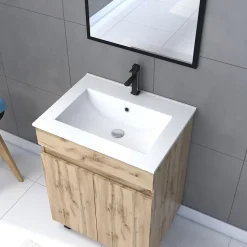 Ensemble sous vasque à poser effet chêne industriel 2 portes + vasque blanche + 1 miroir, l.60 cm, Galedo Timber