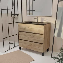 Ensemble sous vasque à poser effet chêne naturel 3 tiroirs + vasque noire, l.80 cm, Galedo Timber