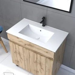 Ensemble sous vasque à poser effet chêne industriel 2 portes + vasque blanche + 1 miroir, l.80 cm, Galedo Timber