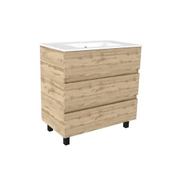 Ensemble sous vasque à poser effet chêne industriel 3 tiroirs + vasque blanche, l.80 cm, Galedo Timber