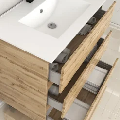 Ensemble sous vasque à poser effet chêne industriel 3 tiroirs + vasque blanche, l.80 cm, Galedo Timber