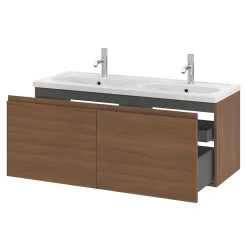 Ensemble sous vasque effet noyer 2 tiroirs + plan vasque blanc en céramique l.120 cm, GoodHome Levanna
