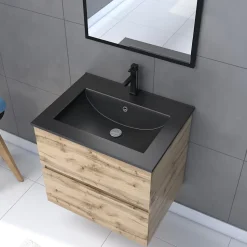Ensemble sous vasque suspendu effet chêne industriel 2 tiroirs + vasque noire + 1 miroir, l.60 cm, Galedo Timber