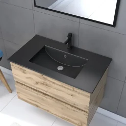 Ensemble sous vasque suspendu effet chêne industriel 2 tiroirs + vasque noire + 1 miroir, l.80 cm, Galedo Timber