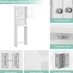 Etagere de Rangement Dessus Toilette Placard avec Deux Portes Transparentes Place de Toilette et Machine a Laver en Bas