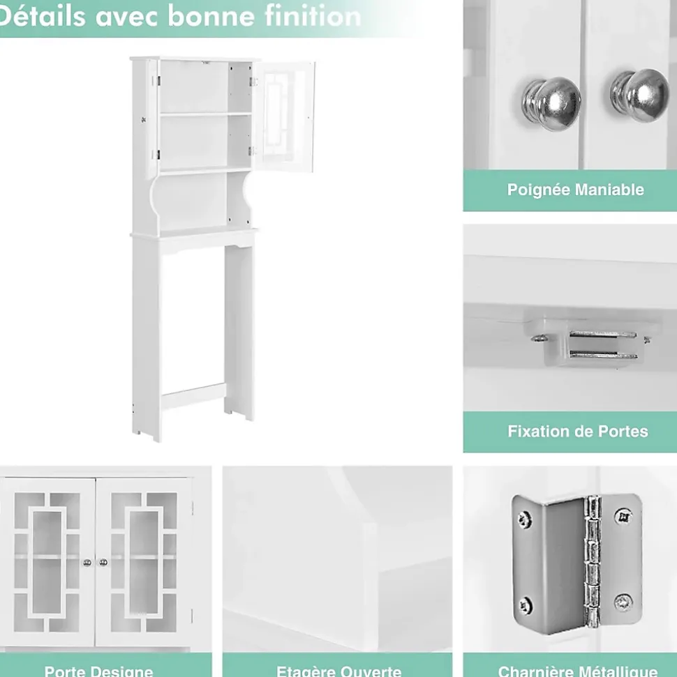 Etagere de Rangement Dessus Toilette Placard avec Deux Portes Transparentes Place de Toilette et Machine a Laver en Bas