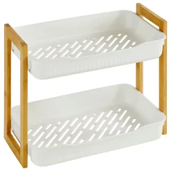 Etagère de salle de bain bambou et plastique blanc, 2 niveaux, H.35cm x P.27cm Five Simply Smart Naturéo
