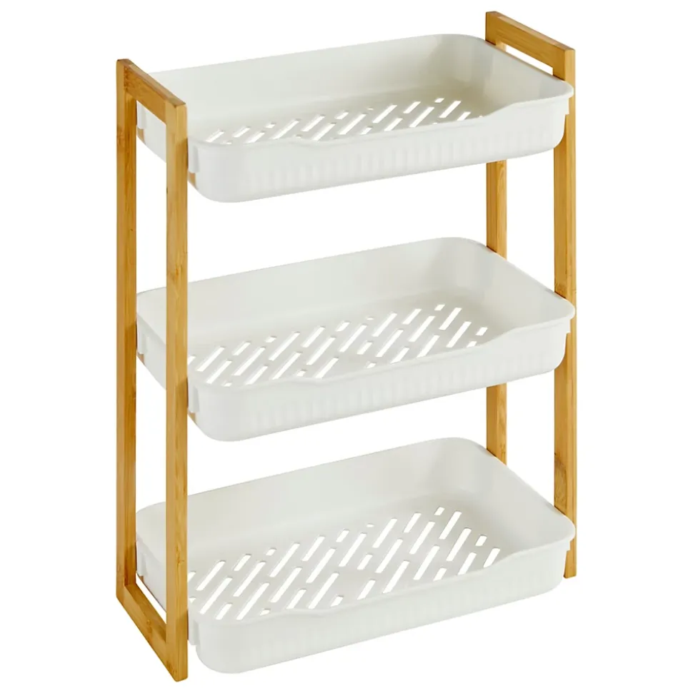 Etagère de salle de bain rectangulaire bambou et plastique blanc, 3 niveaux, H.45cm x P.35cm Five Simply Smart Naturéo