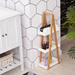 Etagère en bambou de salle de bain étagère debout 3 paniers dim. 30L x 18l x 81H cm bambou MDF blanc