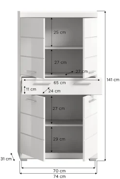 Eteka - Armoire de salle de bains (L/H/P : 74x141x31 cm) en imitation blanc et blanc brillant profond