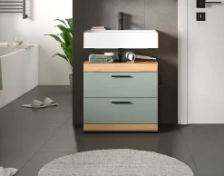 Eteka - Meuble sous-lavabo (L/H/P : 60x56x34 cm) en imitation blanc et imitation sauge profonde