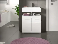Eteka - Meuble sous-lavabo (L/H/P : 60x56x34 cm) en imitation blanc et blanc brillant profond