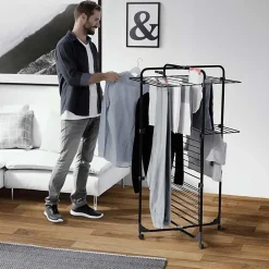Etendoir à linge Intérieur 3 étages Séchoir à linge Pliable sur roulettes Tancarville Noir 93 x 71 x 131 cm VILEDA