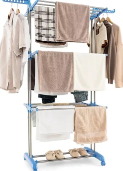 Etendoir a Linge Pliable a 4 Niveaux avec Ailes Laterales Rotatives et Etageres Pliables Sechoir avec Roues Verrouillables