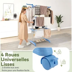 Etendoir a Linge Pliable a 4 Niveaux avec Ailes Laterales Rotatives et Etageres Pliables Sechoir avec Roues Verrouillables
