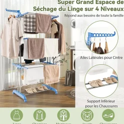Etendoir a Linge Pliable a 4 Niveaux avec Ailes Laterales Rotatives et Etageres Pliables Sechoir avec Roues Verrouillables