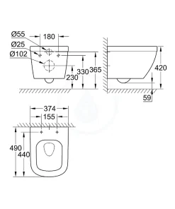 Euro Ceramic Cuvette WC suspendue compact Triple Vortex, blanc alpin (39206000)