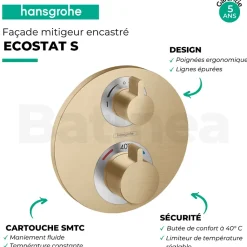 Façade mitigeur thermostatique encastré HANSGROHE Ecostat S avec robinet d'arrêt et inverseur bronze brossé