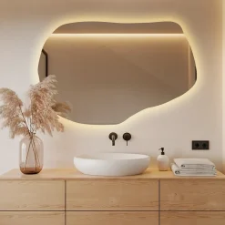 Grand Miroir LED Organique Galet Wallfluent 100x65cm Lumière Chaude Décoratif Asymétrique Naturel Tendance
