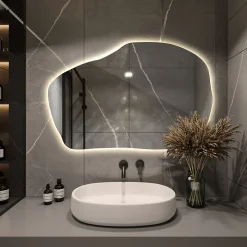 Grand Miroir LED Organique Galet Wallfluent 100x65cm Lumière Chaude Décoratif Asymétrique Naturel Tendance