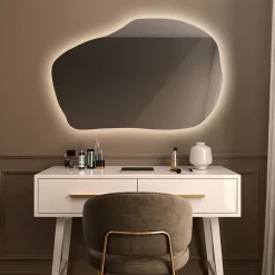 Grand Miroir LED Organique Galet Wallfluent 100x65cm Lumière Chaude Décoratif Asymétrique Naturel Tendance