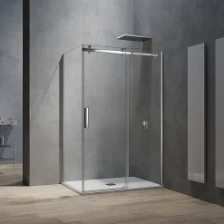 GRAND VERRE Cabine de douche style industriel avec porte coulissante 150 cm et paroi latérale 80 cm accessoires chromés