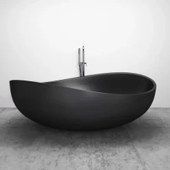 Grande Baignoire îlot moderne fonte minérale salle de bain avec bonde et trop plein - 180x110x62cm - WAVE - Noir mat