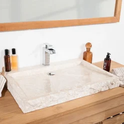 Grande vasque 70cm à poser rectangle en pierre marbre Cosy crème