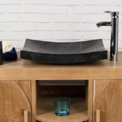 Grande vasque 50cm noir à poser rectangle en marbre Gènes poli