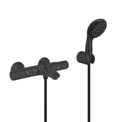 Grohe Set de douche mitigeur bain/douche thermostatique + Douchette 2 jets + support mural + Flexible 1750 mm, noir mat