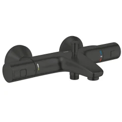 Grohe Set de douche mitigeur bain/douche thermostatique + Douchette 2 jets + support mural + Flexible 1750 mm, noir mat