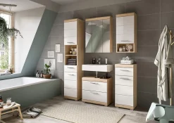 Hako - Meuble sous-lavabo (L/H/P : 60x56x34 cm) en imitation chêne Sonoma clair et blanc brillant embouti