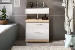 Hako - Meuble sous-lavabo (L/H/P : 60x56x34 cm) en imitation chêne Sonoma clair et blanc brillant embouti