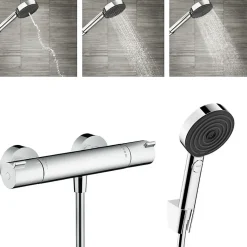 Hansgrohe Ecostat Mitigeur thermostatique douche + Douchette à main XXL 105mm 3 jets, Flexible de douche 125cm, support mural
