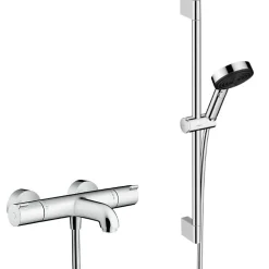 Hansgrohe Ecostat Set Mitigeur Thermostatique bain/douche + Douchette à main XXL 105mm 3 jets, flexible douche 160cm, barre 65cm