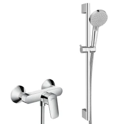 Hansgrohe Ensemble de douche Logis Mitigeur mural + Douchette 2 jets avec Barre 65cm + Flexible, Chrome (71600000-Vernis)