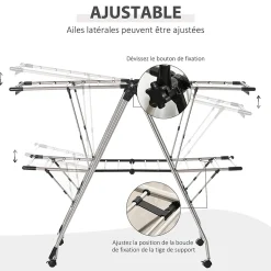 HOMCOM Séchoir à linge étendoir à vêtements pliable réglable avec barre de penderie et roulettes acier inox. PP noir
