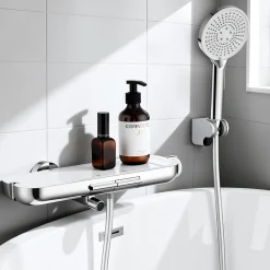 HOMELODY Robinet Baignoire avec Tablette 120 x 370 mm, Douchette à Main et Sortie Bain,Noir