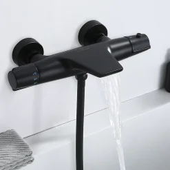 Homelody Robinet de Baignoire Thermostatique Noir, Design Cascade, Sécurité Anti-brûlure, Laiton