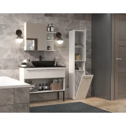 HORTI - Meuble salle de bain avec panier à linge - 31x30x174cm - Colonne rangement SDB