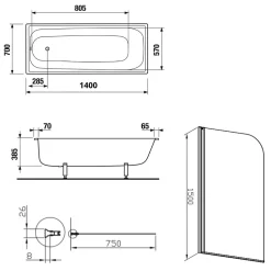 Jika (Groupe Roca) 140x70 cm Ensemble baignoire Riga universelle + Pare baignoire pivotant chrome + pieds (A140-SETP)