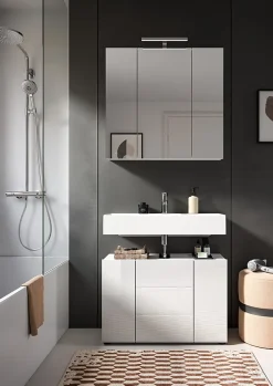 Kai - Armoire sous lavabo (L/H/P : 82x56x34 cm) en mélaminé blanc et blanc brillant profond