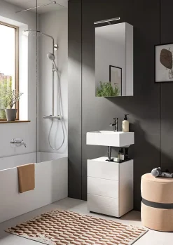 Kai - Meuble sous-lavabo (L/H/P : 38x56x34 cm) en blanc mélaminé et blanc brillant thermoformé