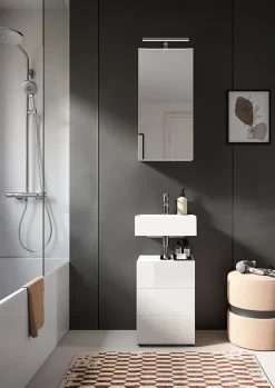 Kai - Meuble sous-lavabo (L/H/P : 38x56x34 cm) en blanc mélaminé et blanc brillant thermoformé